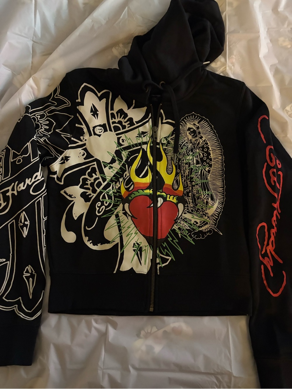 Ed Hardy Black Zip-Up Bomber Jacket with Flaming Heart & Virgin Graphic